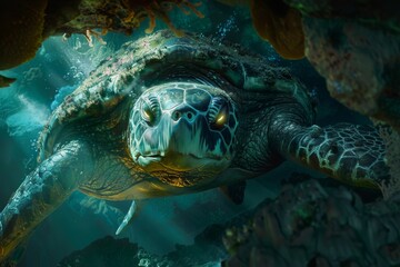 Wall Mural - Close-up of the Ao from Shan Hai Jing, a colossal sea turtle with an ancient shell and glowing eyes, resting in an ethereal underwater cavern filled with shimmering corals and soft light
