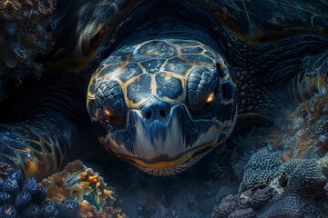 Wall Mural - Close-up of the Ao from Shan Hai Jing, a colossal sea turtle with an ancient shell and glowing eyes, resting in an ethereal underwater cavern filled with shimmering corals and soft light