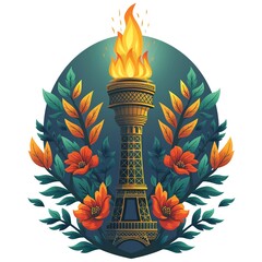 Wall Mural - Olympic Fire Logo Design. Symbol of the 2024 Summer Olympics, sport games concept. Olympic torch with Flame on the Eiffel Tower icon in Paris, France. Illustration isolated on white background