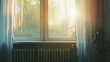 Poster - Plastic window and radiator in light room at home