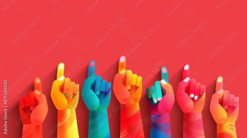 This lively and vibrant image shows multiple colorful hands pointing up ...