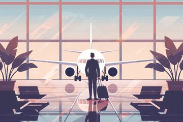 A man with luggage stands at an airport terminal looking out at an airplane on the runway, ready for travel at sunrise or sunset.