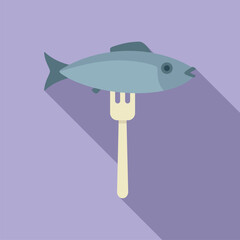 Poster - Simple flat style icon of a whole cooked fish being held by a fork against a purple background