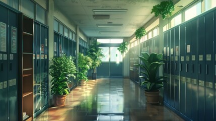 Wall Mural - A serene corridor showcasing green plants, dark blue lockers, and soft natural light coming in, creating a restful and calming environment with an earthy touch.