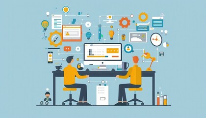 Illustration of two people working at desks with various tech tools, gears, and icons, representing a collaborative tech work environment.