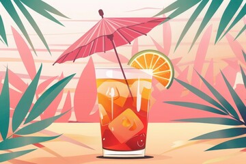 Refreshing tropical drink with a red umbrella and an orange slice, set against a vibrant background with tropical leaves.