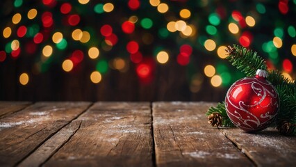 Wall Mural - rustic painted wood boards with christmas colors gold red and green glowing bokeh lights