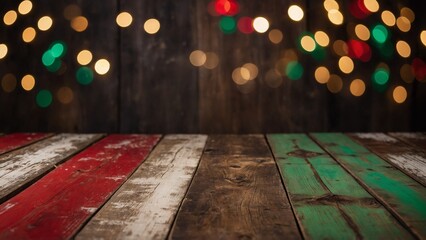 Wall Mural - rustic painted wood boards with christmas colors gold red and green glowing bokeh lights