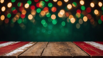 Wall Mural - rustic painted wood boards with christmas colors gold red and green glowing bokeh lights