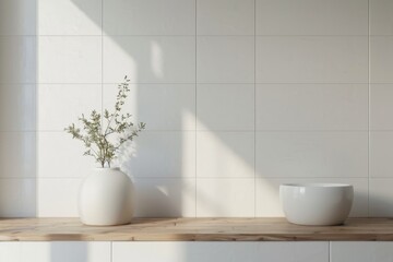 Wall Mural - Interior of modern bathroom with white tile walls, concrete floor, white round sink and vase with plant.