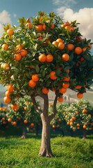 Wall Mural - Orange tree with ripe fruits in a sunny orchard, abundance and harvest concept