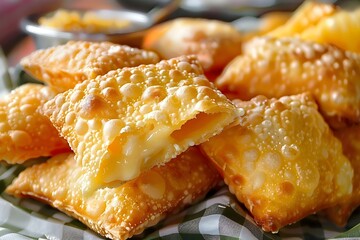 Delicious Brazilian pastel, fried snack stuffed with cheese