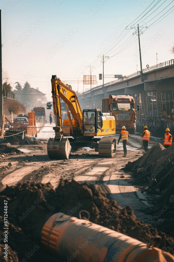 Construction Rushing Work Ongoing road construction project with heavy machinery, workers in ...