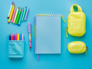 Wall Mural - Back To School: Supplies on Blue Background