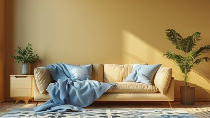 Modern living room interior design with beige sofa, blue blanket and  plants.