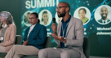 Poster - Stage, expert and group of science, talking and answer for people of research of climate change in world. Summit, eco friendly and public speaking of scientist, mic and speech for sustainability