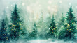 © Mary Salen - Magical forest with christmas trees and glowing lights christmas card style watercolor abstract artistic winter wonderland nature green woodland holiday background backdrop wallpaper with copy space.