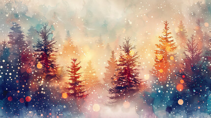 Magical forest with christmas trees and glowing lights christmas card style watercolor abstract artistic winter wonderland nature woodland holiday background backdrop wallpaper with copy space.