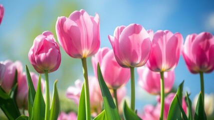 Wall Mural - Pink tulips in full bloom under blue sky, nature spring flower concept