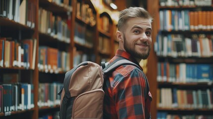 Wall Mural - Handsome Smile student man with backpack and books in library, education, university, cheerful, college, happy, standing, school, backpack, attractive, enjoyment, confidence