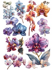 Wall Mural - set water color orchid flower illustration design isolated on white background