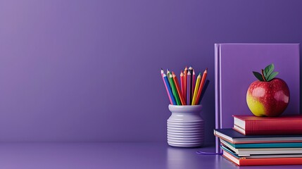 Wall Mural - Back to School Supplies on a Purple Background