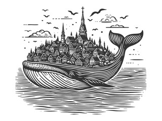 Canvas Print - whale carrying a cityscape on its back, blending nature and urban elements sketch engraving generative ai vector illustration. Scratch board imitation. Black and white image.