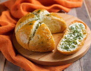 Canvas Print - Round loaf of garlic bread sliced open to reveal melted cheese filling