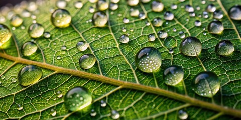 Sticker - Close up of a leaf covered in water droplets, nature, green, freshness, wet, environment, organic, close-up, dew, raindrops