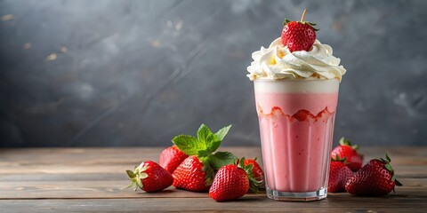 Poster - Delicious strawberry milkshake topped with fluffy whipped cream, strawberry, milkshake, tasty, delicious, drink, beverage