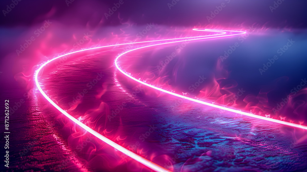 Vibrant curved neon light trails in a deep mysterious dark background ...