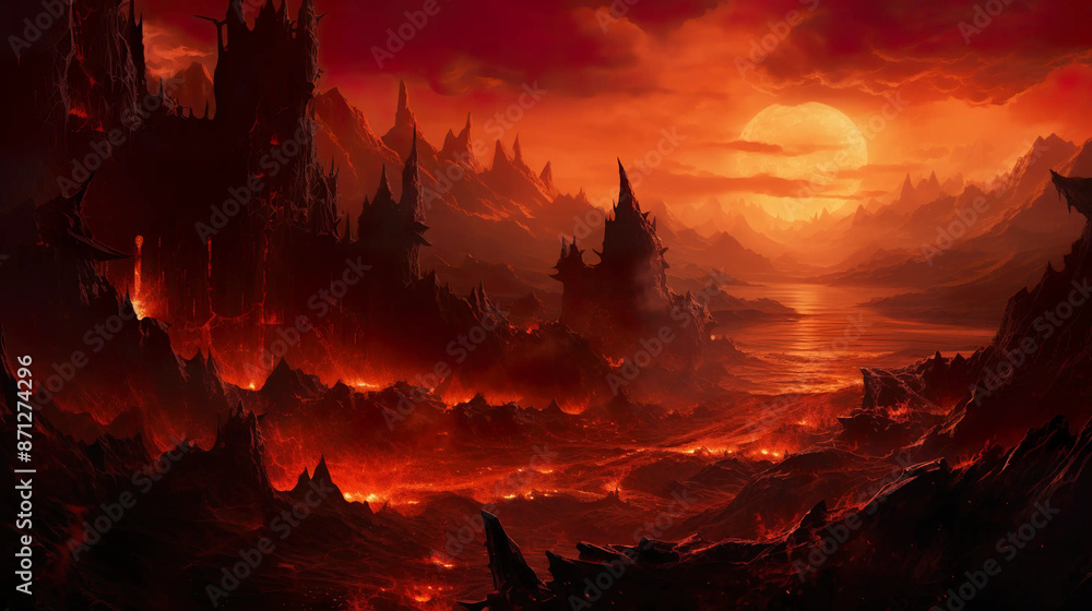 fiery, chasm, mystique, adventure, RPG, fantasy, landscape, ethereal ...