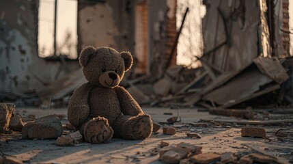 Wall Mural - a teddy bear sitting forlornly with destroy building