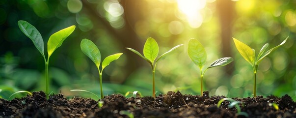 Young plants growing in soil with sunlight and nature background, earth day and new life concept