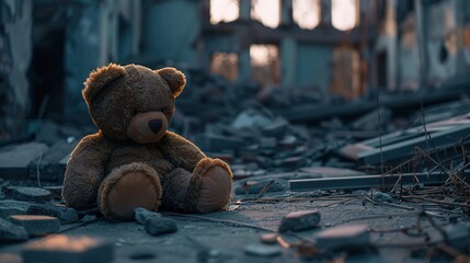 Wall Mural - a teddy bear sitting forlornly with destroy building