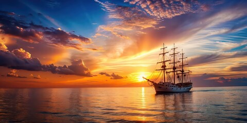 Canvas Print - Ship sailing on the calm sea with a beautiful sunset in the background, ship, sea, ocean, water, voyage, journey