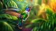 © Achmad Khoeron - Flying hummingbird with green forest in background. Small colorful bird in flight
