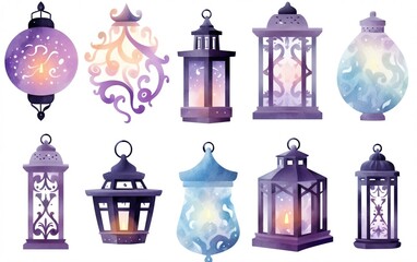 Wall Mural - Set of artistic lanterns with intricate designs in various shapes. Perfect for festive decorations and creating a magical atmosphere.