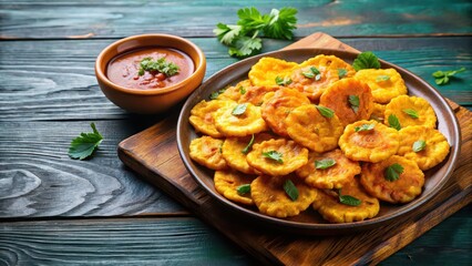 Delicious Tostones, traditional Caribbean dish, served with a side of spicy sauce , Caribbean, Tostones, plantains