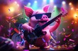 © Fauji - A pig in sunglasses playing an electric guitar on stage with confetti.