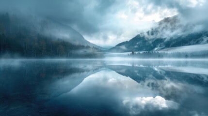 Wall Mural - Discover the surreal beauty of misty morning fog rolling over a tranquil lake