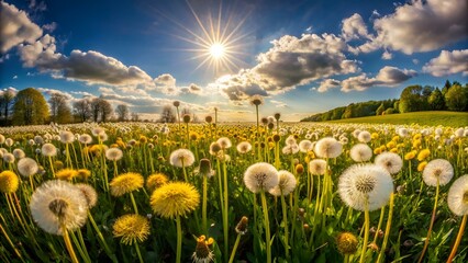 Weitwinkelaufnahme von einer Löwenzahnwiese im Frühling