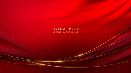 Poster - Red Luxury abstract background, golden line wave decoration, and glittering light effect