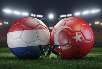 Wall Mural - Two soccer balls in flags colors on a stadium blurred background. Netherlands vs Turkey. 3D image.	
