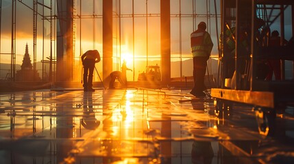 Poster - construction workers working at sunset