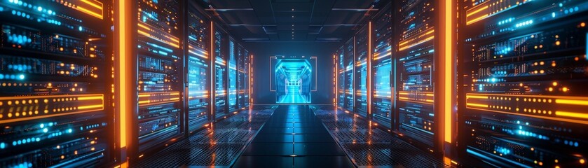 Wall Mural - Technological Hub: Futuristic Computer Server Room with Glowing Servers Representing Data Processing and Connectivity