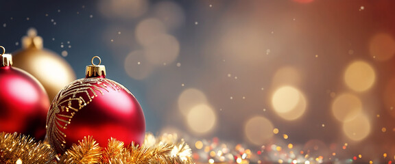 Christmas illustration with red and golden balls, blurry lights, bright sparkles and bokeh effect.