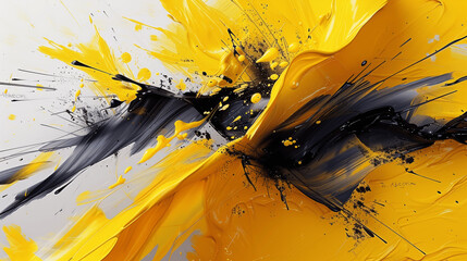 Wall Mural - Dynamic Yellow White and Black Abstract Painting with Brush Strokes and Paint Splashes