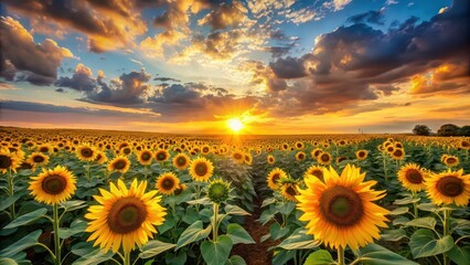 Poster - Beautiful sunset over a sunflower field, sunflowers, field, sunset, golden hour, nature, beauty, agriculture, landscape, vibrant