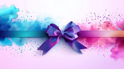 Elegant purple ribbon bow with a vibrant gradient background of pink and blue colors, suitable for festive and celebratory themes.